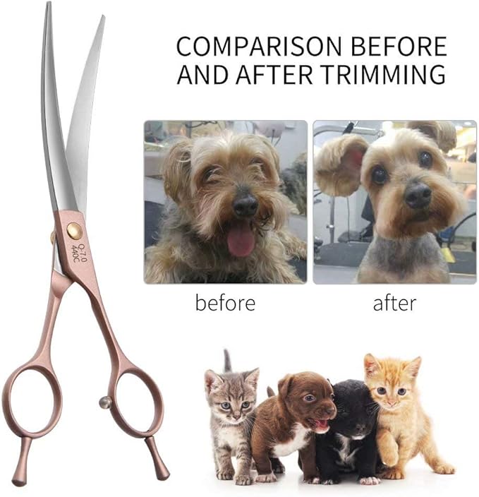 Fenice Peak Professional Curved Dog Grooming Scissors 7.5'' Rose Gold 440C Stainless Steel Pet Cutting Shears Safety Trimming Shearing for Dogs Cats