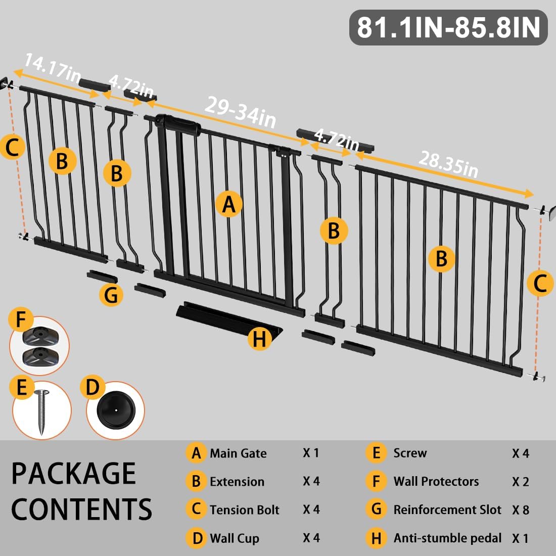 Fairy Baby Extra Wide Baby Gate 81.1-85.8 Inch Wide, Walk Through Pressure Mounted No Drill, Long and Large Tension Dog Gate for Pet and Kids