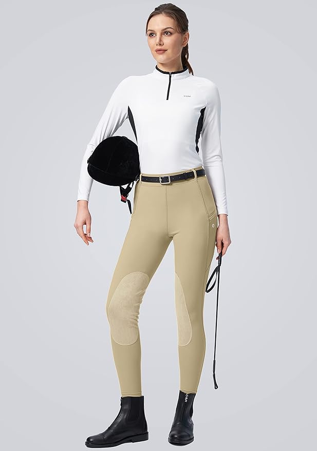 SANTINY Women's Horse Riding Pants with Zipper Pockets Knee-Patch Schooling Tights Equestrian Breeches for Women