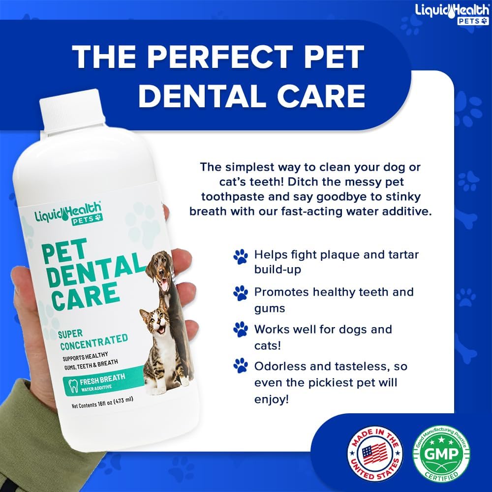 LIQUIDHEALTH Pet Dental Care Water Additive for Dogs & Cats - Fast Acting Pet Bad Breath Freshener, Dog Mouth Wash, Animal Oral Dental Rinse, Plaque & Tartar Teeth Cleaning Solution, USA Made (16 oz)