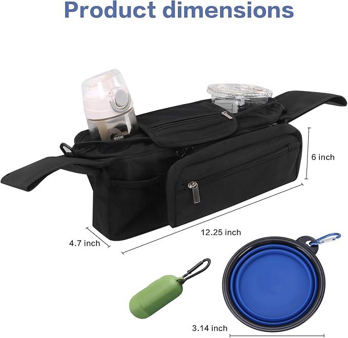 Dog Stroller Bag with Shoulder Strap, Universal Dog Stroller Caddy Organizer with Poop Bag Dispenser, Water Bowl, Insulated Cup Holders and Treat Pocket