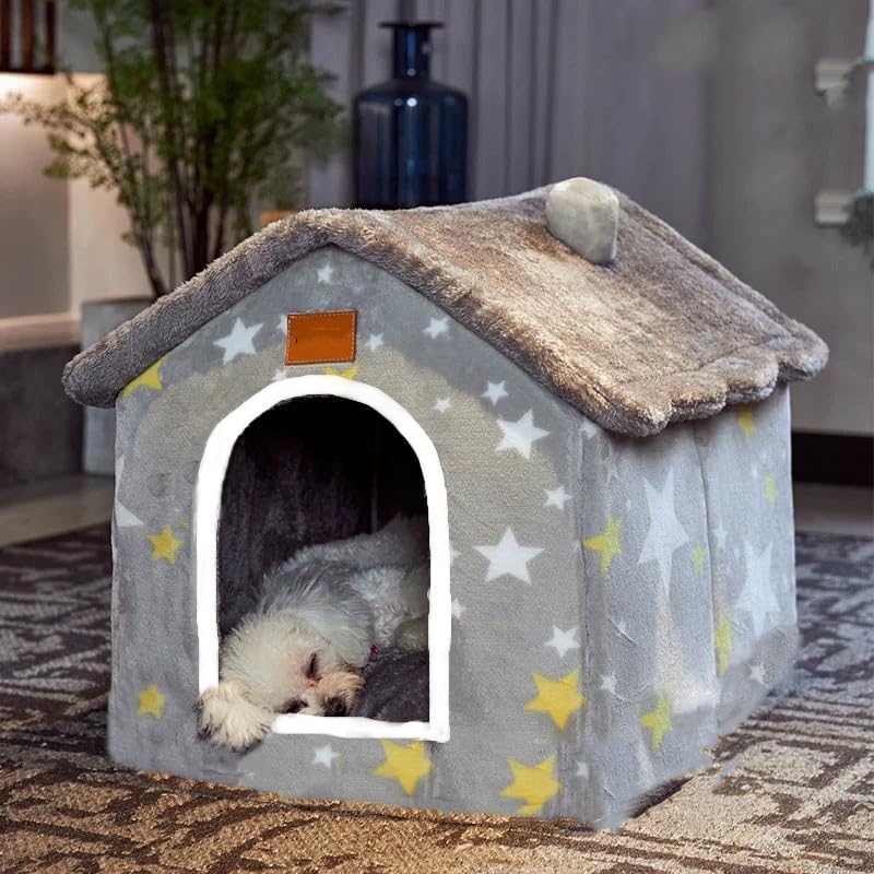 Scnbom Dog House Indoor Puppy Cave Cat Nest Kennel Pet Bed Portable Memory Sponge Foldable Houses with Cushion (Grey, L:Size fits 14kg/30lbs (Pets))