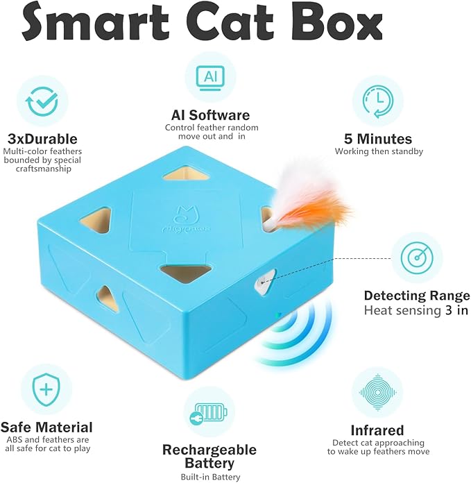 Migipaws MigiBox Cat Toy with PopSkin, Interactive Kitten Toy for Indoor Cats, Automatic Pop Out Feathers from 7 Holes Randomly, Pounce Mystery Under Cover to Stimulate Bored Furry, Rechargable