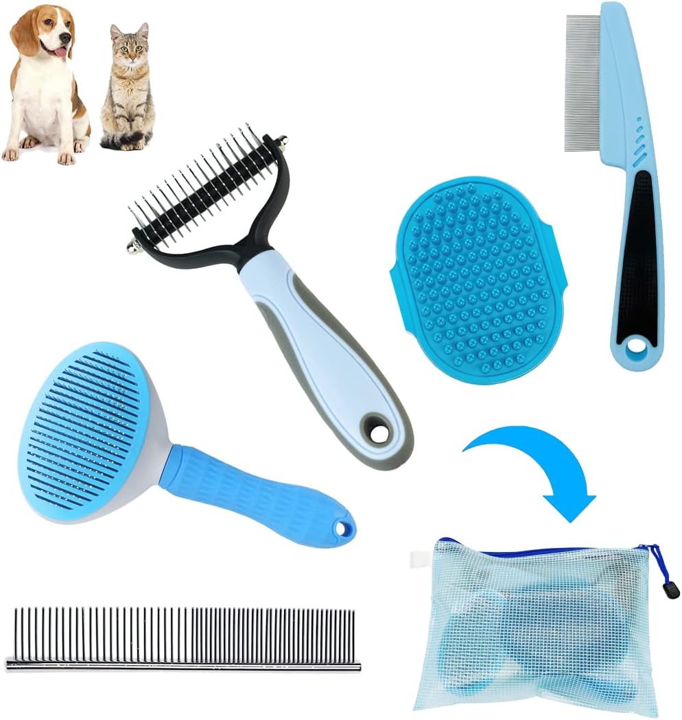 Dog Brush Grooming Kit 5PCS - Dog Brushes for Grooming, Dog Brush for Shedding,Puppy Brush and Flea Comb for Dogs, Slicker Brush Comb and Dog Hair Brush Set Blue