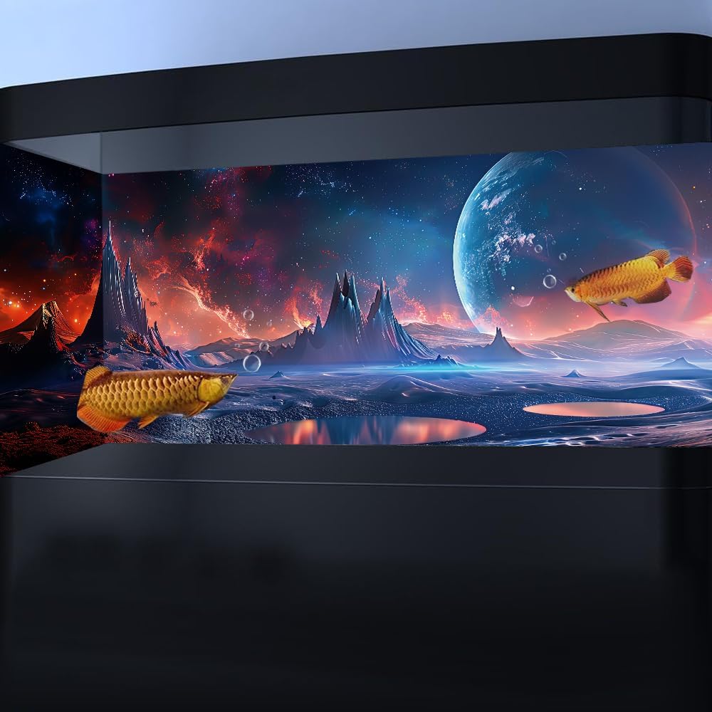 Scarlet Cosmic Aquarium Background,Cool Galaxy Parallel Space Themed Fish Tank Background, Tropical Desert Terrarium Background 48X20IN with 8 EVA Double-Sided Tape