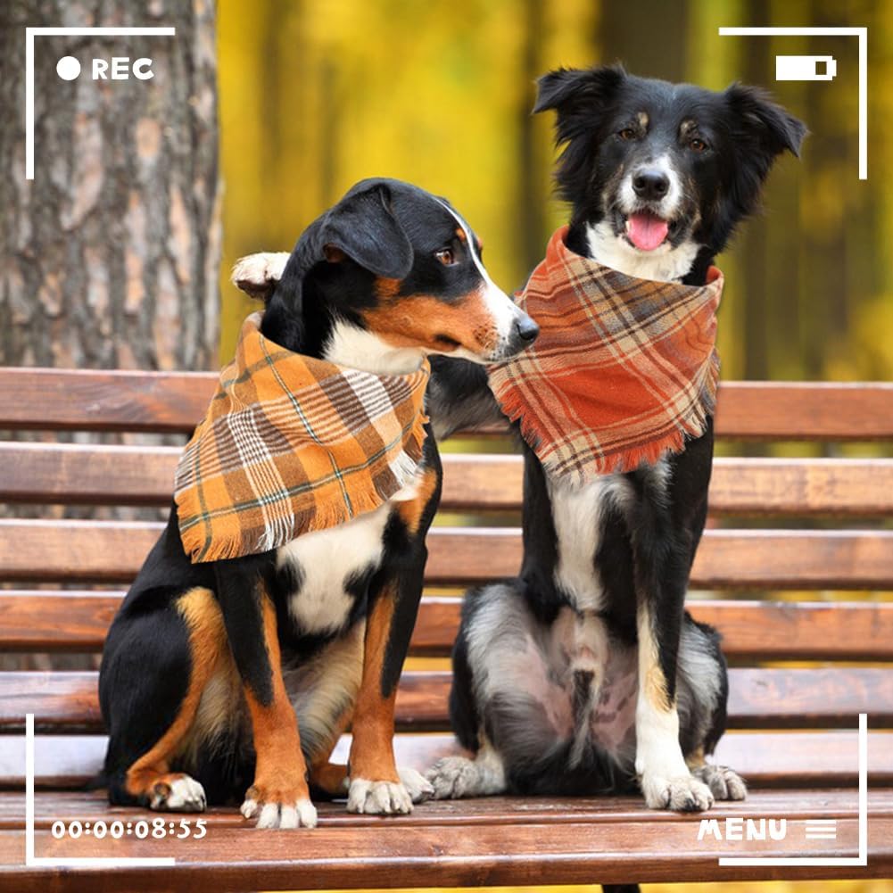 Vivifying Halloween Dog Bandanas, 2 Pack Thanksgiving Fall Classic Plaid Dog Scarf with Tassels Edges, Funny Pet Apparel & Accessories Costume for Photo Prop, and Party Decor (X-Large, Yellow&Orange)