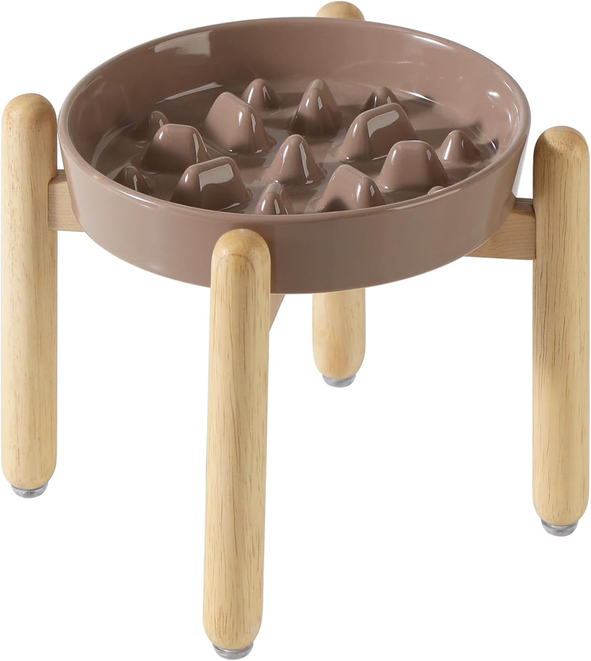 9.5inch Ceramic Dog Raised Slow Feeder Set, Elevated Bowl with Wooden Stand for Large Dog, Slow Feeder Dish for Fast Easters, Anti-Gulping(Brown Coffee, Single Bowl+ Stand)