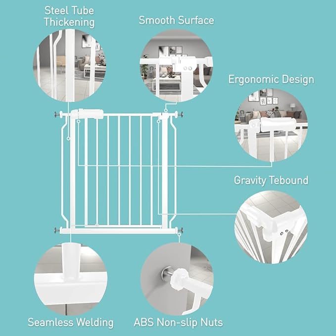 WAOWAO Baby Gate 62.19-66.88" Extra Wide Pressure Mounted Walk Through Swing Auto Close Safety White Metal Toddler Kids Child Dog Pet Puppy for Stairs,Doorways,Kitchen