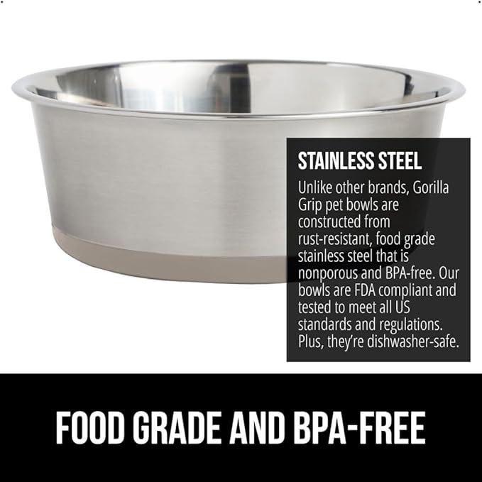 GORILLA GRIP Set of 2 Dog Bowls, Holds 4 Cups (32 fl oz), Heavy Duty Metal Food and Water Bowl for Feeding Dogs and Cats, Dishwasher Safe, Rust Resistant Stainless Steel, BPA Free Rubber Base, Beige