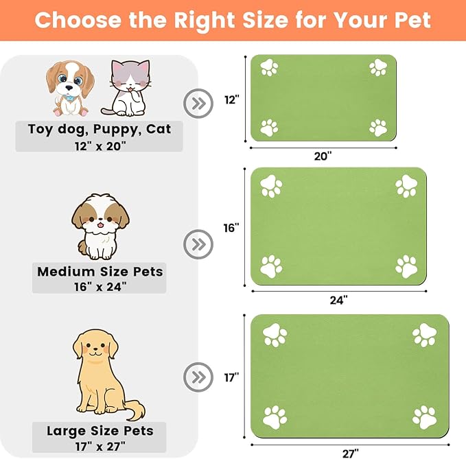 Pet Feeding Mat-Absorbent Pet Placemat for Food and Water Bowl, with Waterproof Rubber Backing, Quick Dry Water Dispenser Mat for Dog and Cat (24"x16", Lime Green)