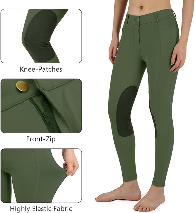 beroy Kids Horse Riding Knee-Patches Pants Girls Equestrian Front-Zip Breeches Legging with Pockets