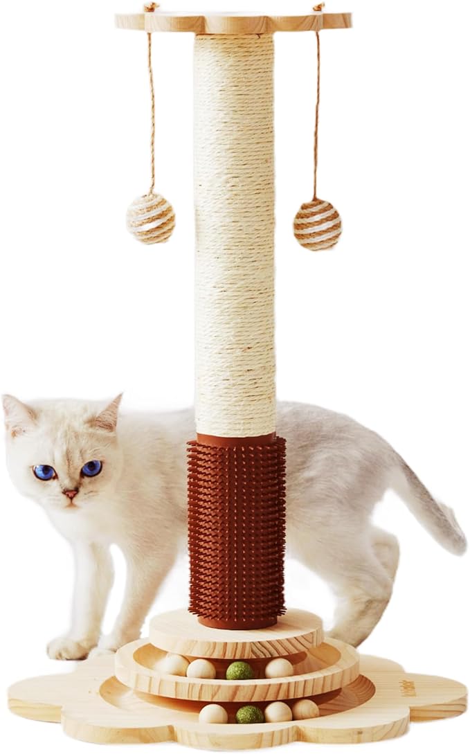 Cat Sisal Scratching Post, 4 in 1 Wooden Cat Scratcher Toy with Groomer, 24" Tall Scratch Post with 2-Layer Interactive Track Balls, Cat Climbing Tree with 2 Hanging Balls for Kittens