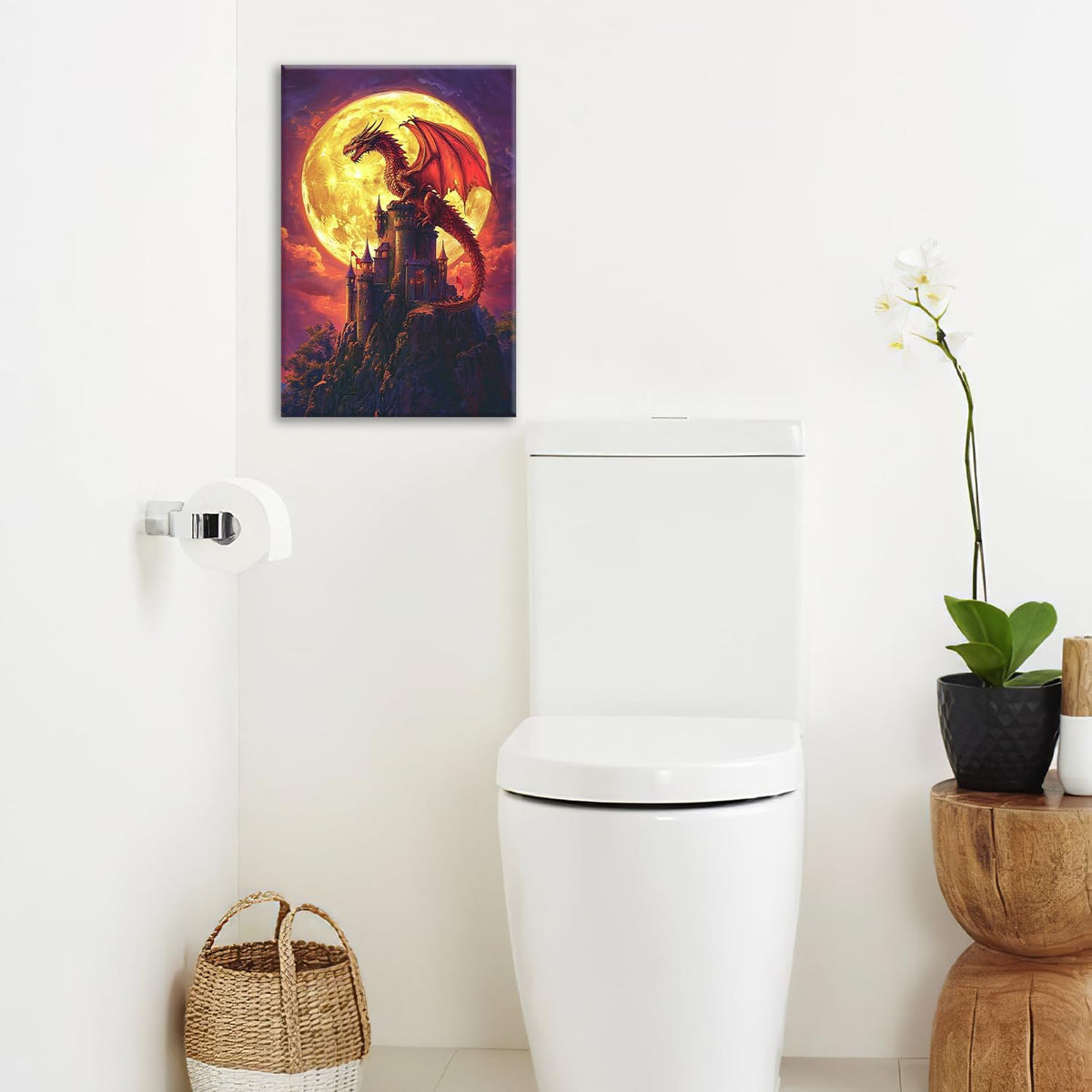 Dragon Bathroom Pictures Wall Art, Red Dragon Castle Bathroom Wall Decor, Framed Painting Canvas Artwork for Bedroom Living Room Decorations 24"L x 16"W
