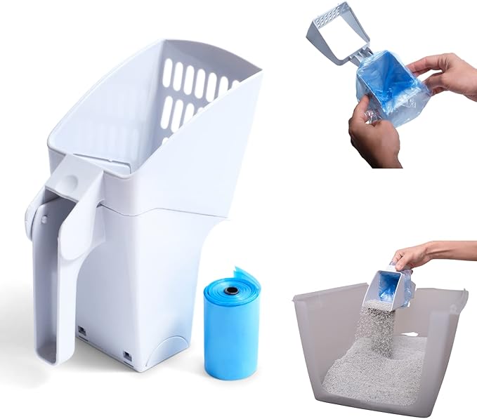 PURRFECT POUCH Cat Litter Shovel with Built-in Scooper & Holder | Kitty Pooper Scooper & Sifter | Includes 1 Roll of Litter Scoop Bags