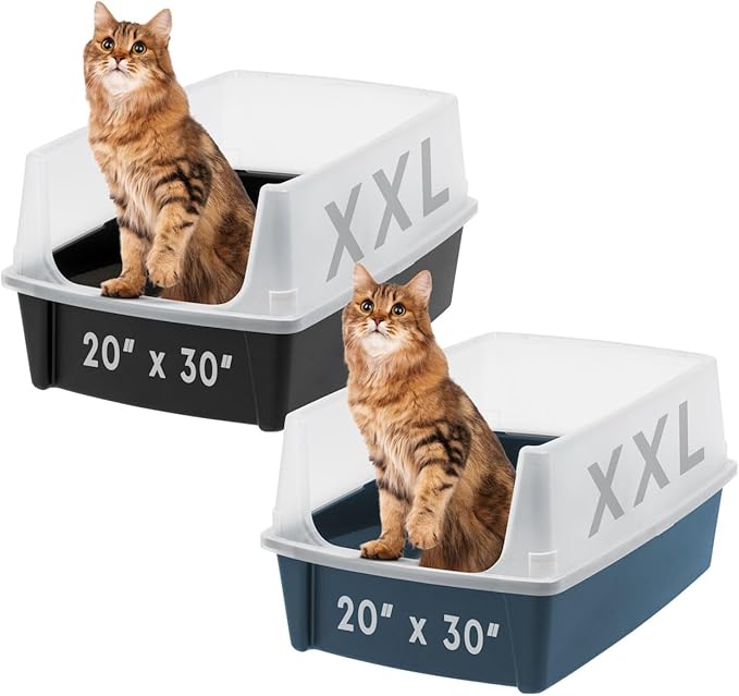 Bundle of IRIS USA 2 Pack XX-Large Cat Litter Boxes with Scatter Shield and Scoop, Open Top High Sided Cat Litter Pan, Black & Navy
