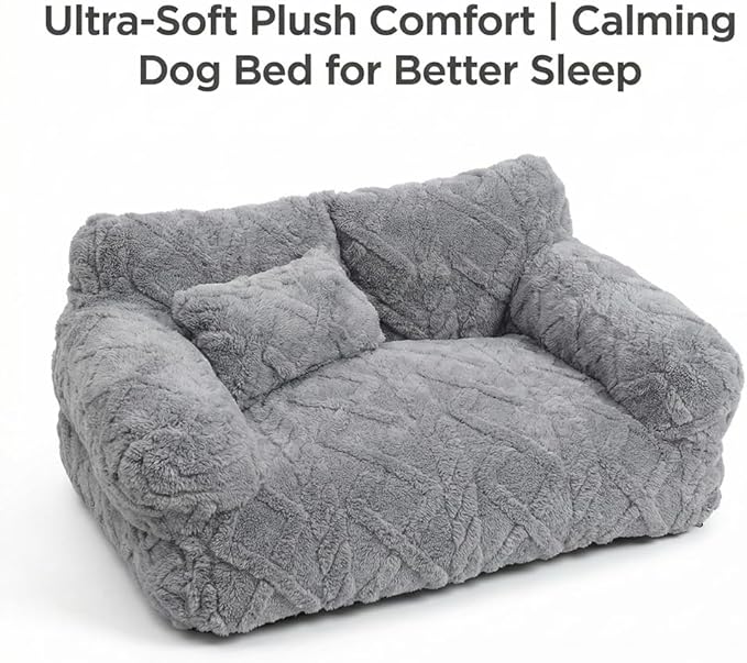 Plush Calming Pet Sofa Bed, Raised Rim, Removable Cover & Non-Slip Bottom for Cats & Dogs, Calming Dog Bed Fluffy Plush Dog Mat for Furniture Protector with Removable Washable Cover (Grey, Small)