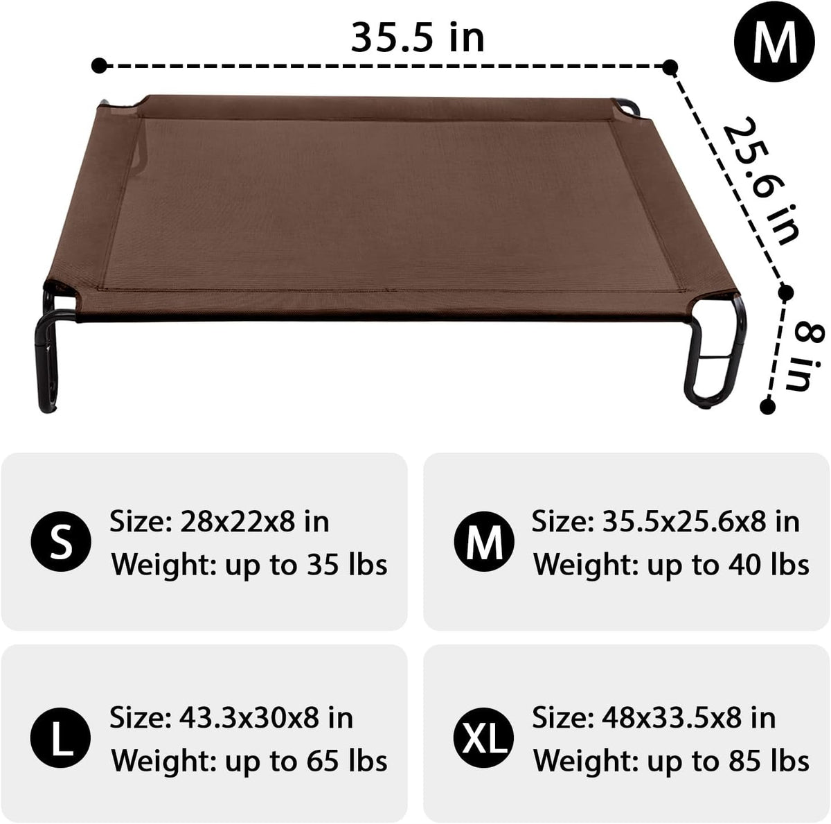 pettycare Elevated Outdoor Dog Bed - Cots Beds for Medium Dogs, Waterproof, Raised Cot, Easy to Assemble, Cooling with Teslin Mesh, Durable, Non Slip, Up to 40 lbs, Brown