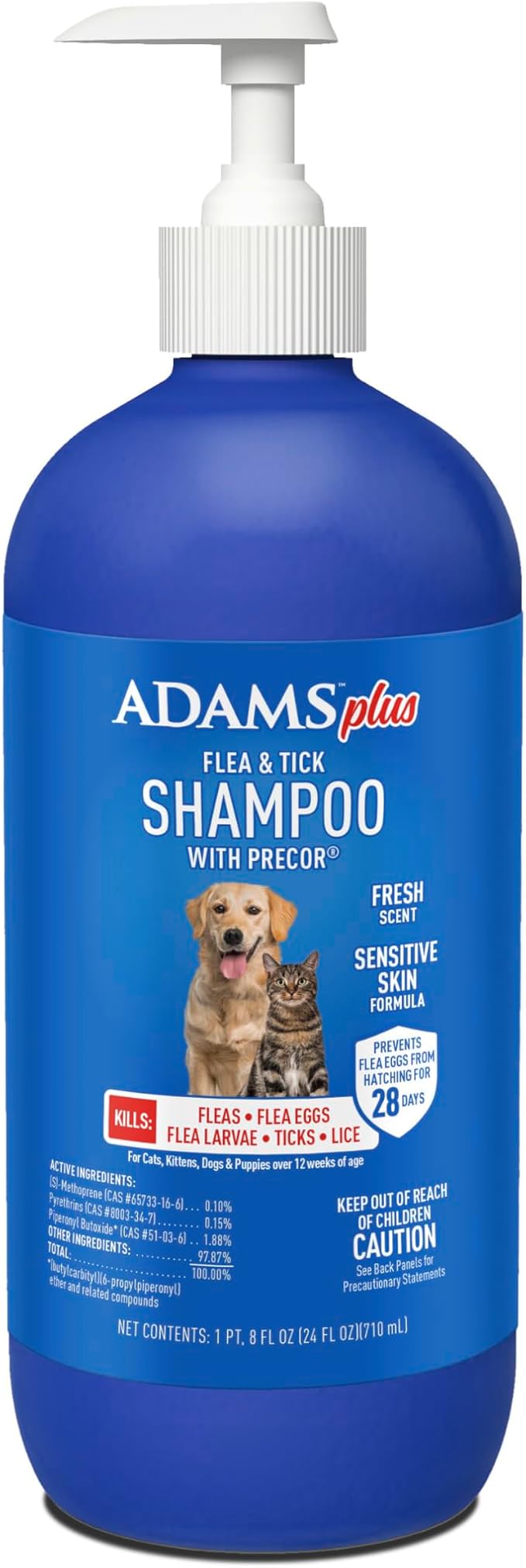 Adams Plus Flea & Tick Shampoo with Precor for Cats, Kittens, Dogs & Puppies Over 12 Weeks Of Age |Sensitive Skin Flea Treatment |Kills Adult Fleas, Flea Eggs, Ticks, and Lice |24 Oz, Pump Included