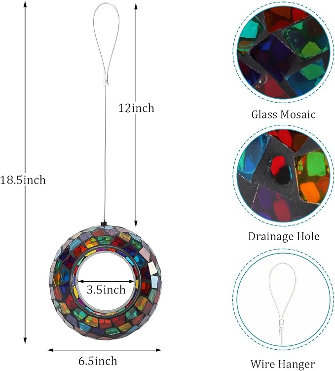 Yinns Mosaic Bird Feeder, Hanging Glass Birds Feeder, Fly Through Bird Feeder with Oval Stained Glass, Outdoor Garden Decor, 6.5 inch Purple