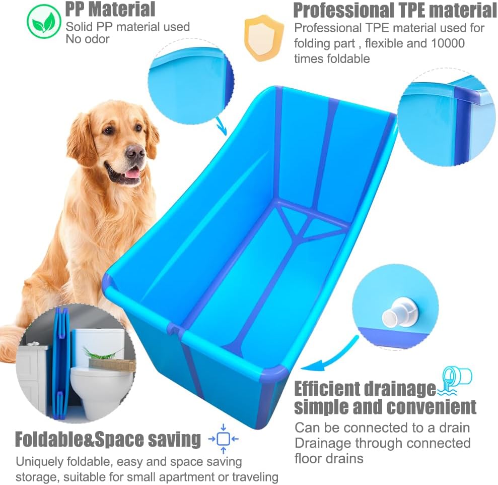 Portable Dog Bathtub for Large Dogs - 48.4Gal Foldable Pet Wash Station with Drain Plug, Insulated & Non-Slip Design for Indoor/Outdoor Bathing, Grooming, Camping（Blue）
