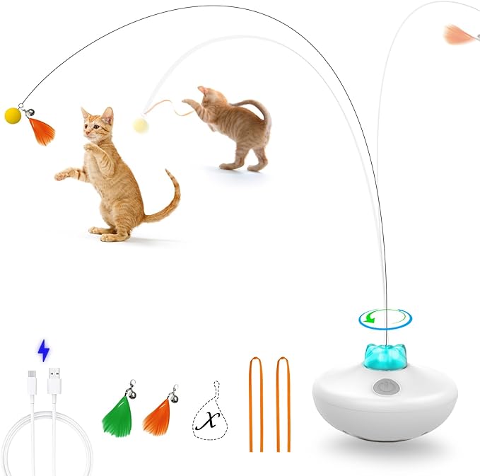 Interactive Cat Toys Cat Exercise Tumbler, Rechargeable Cat Toys for Indoor Cats Spin Butterfly Game Teasing Kitty, Extra Long Feather Wand (P33 cat Toys)