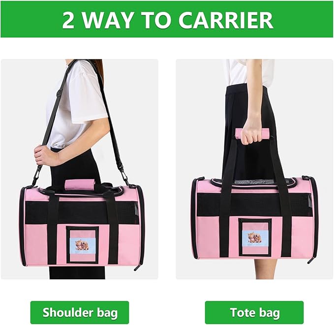 20" Large Cat Carrier Soft Sided for Cats Under 25 lbs, Folding Dog Carrier 20" Carrier for 2 Cats Travel Carrier - Pink