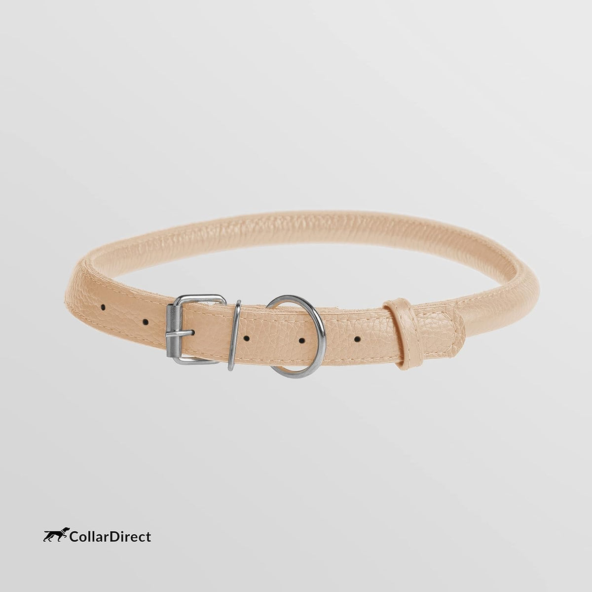 CollarDirect Rolled Leather Dog Collar, Soft Padded Round Puppy Collar, Handmade Genuine Leather Collar Dog Small Large Cat Collars 13 Colors (11-14 Inch, Beige Textured)