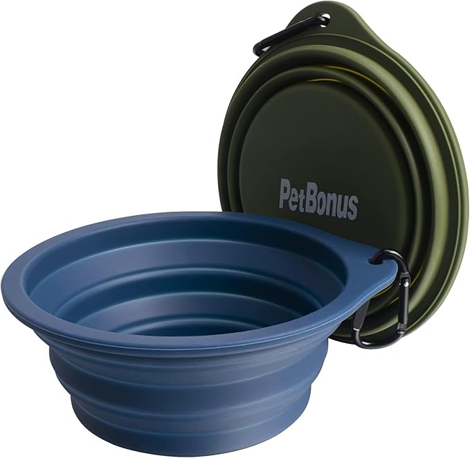 PetBonus 2-Pack Large Silicone Collapsible Dog Bowls, 34oz/1000ml BPA Free Portable Foldable Travel Bowl for Pet Cat, Food Water Feeding Dish for Camping with 2 Carabiners (Army Green, Navy Blue)