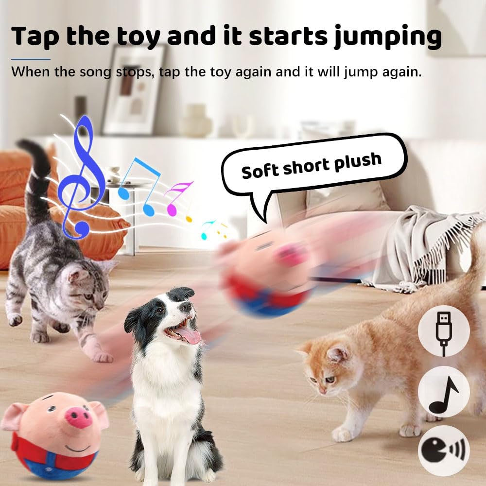 2025 Upgrade Active Moving Pet Plush Toy, Squeaky Dog Ball Toy Interactive Dog Toy for Boredom Pet Bouncing Ball Plush Toy, Pig Plush Sound Electronic Dogs Toy Pets Balls Toy