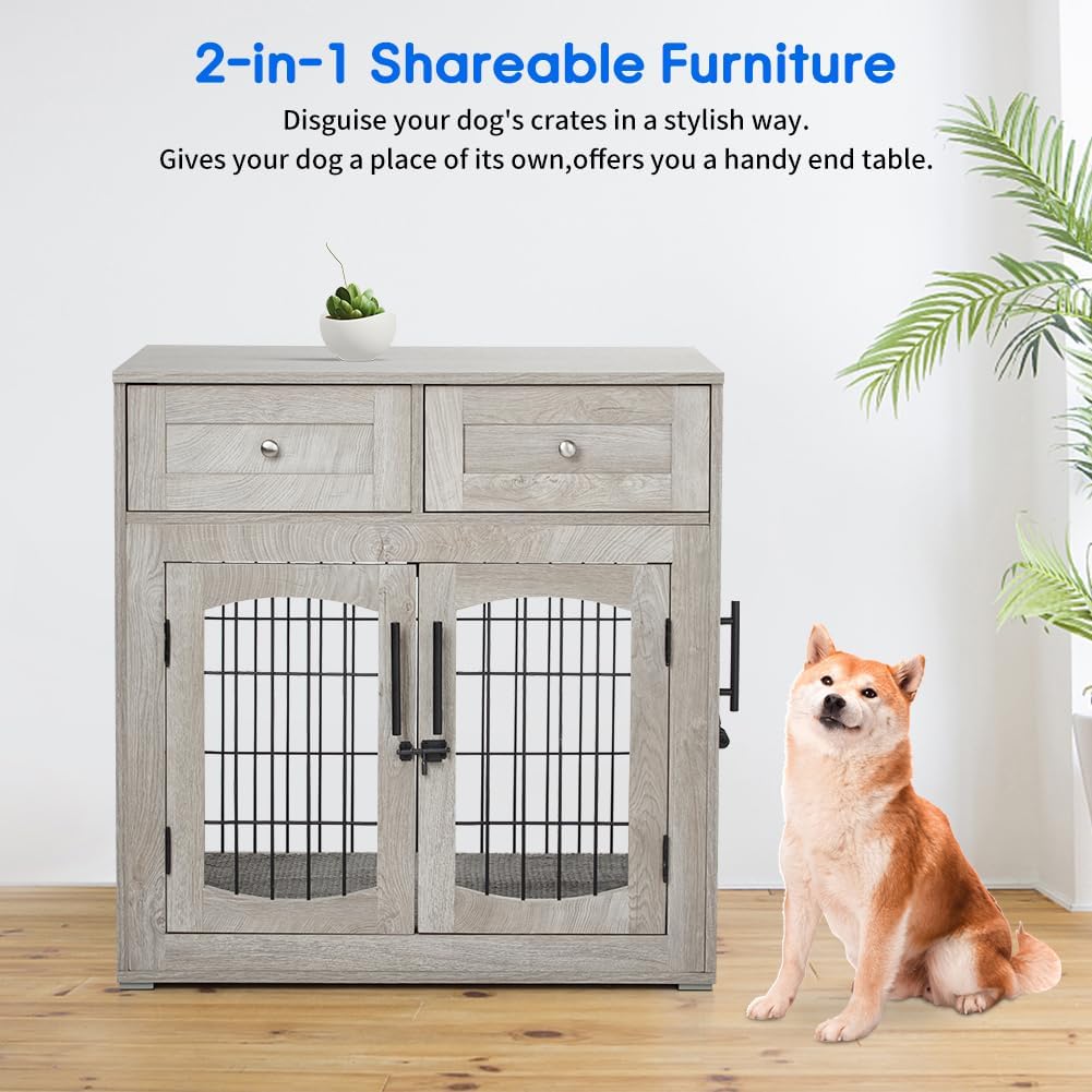 Dog Crate Furniture for Large Dogs, Wooden Dog Kennel Indoor with Double Doors, Dog Cage with Cushion & Drawers, Dog House Side End Table for Large Medium Dogs up to 70 lb, 39.4” L, Grey