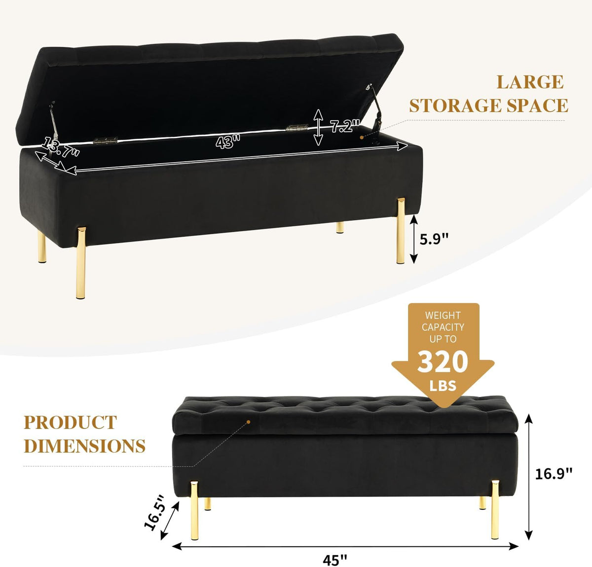 45.6 Inch Velvet Storage Ottoman, Rectangular Accent Bench for Bedroom & Living Room, Black