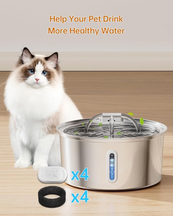 Cat Water Fountain Filter, Filters Replacement for 108Oz/3.2L&67Oz/2L&135Oz/4L Stainless Steel Pet Water Drinking Fountain, Dog Indoor Water Dispenser Fountain Carbon Filter (4 Filters & 4 Sponges)