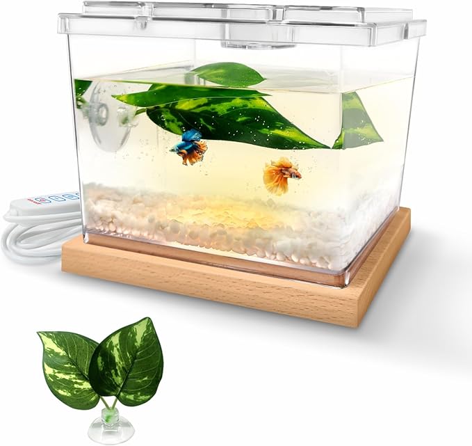 Mini Betta Fish Tank Kit with LED Light Base, Small Fish Bowl for Temporary Space, 0.2 Gallon Stackable Cube Tank with Betta Leaf for Small Fish, Insect, Shrimp, Crab, Spider (Kit-1)