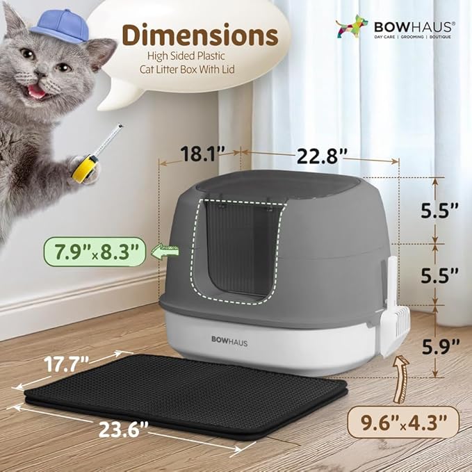 Detachable Cat Litter Box with Lid, 3-in-1 Cat Toilet of Cats, Large Space Anti-Leakage Cat Litter Box with Scoop, Cat Mat & Odor Fitter, Dark Grey