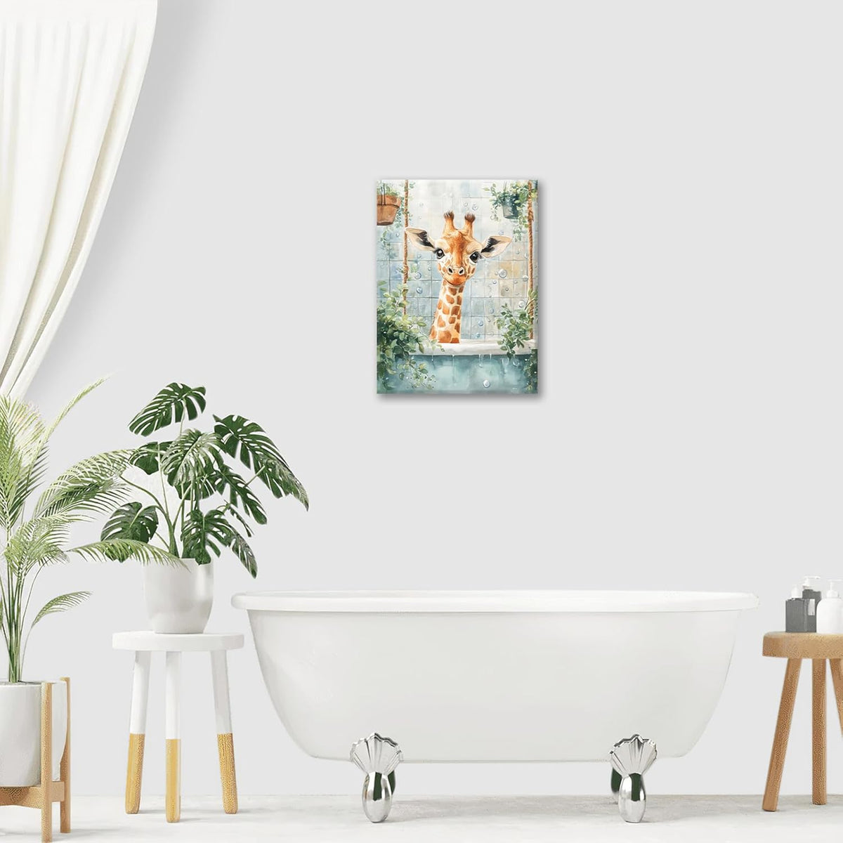 Bathroom Funny Giraffe Pictures Wall Art, Watercolor Giraffe Bathroom Wall Decor, Animal Framed Painting Canvas Artwork for Living Room Decorations 16"L x 12"W