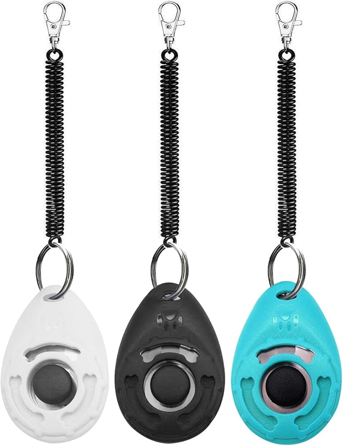 Dog Training Clicker with Wrist Strap Durable Lightweight Easy to Use,Pet Training Clicker for Cats Puppy Birds Horses,Perfect for Behavioral Training 3-Pack (Black,White and Water Lake Blue) (3)