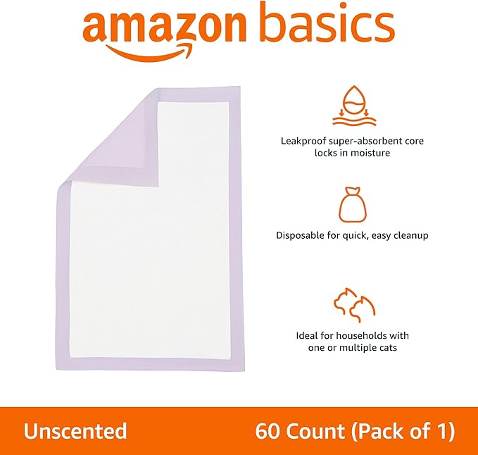 Amazon Basics Cat Pee Pads, 60 Count, Universal Fit for Litter Box, Odor Control, Unscented, White/Purple