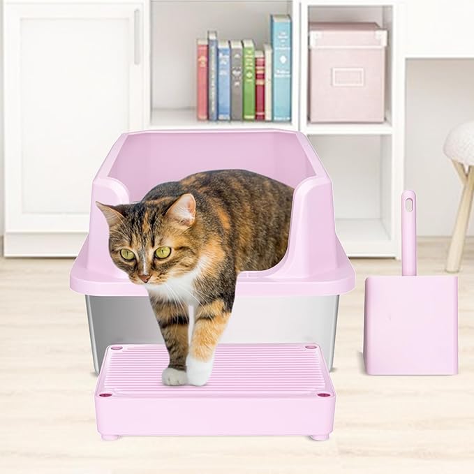 RIZZARI Large Stainless Steel Cat Litter Box: Open Top Leak-Proof Large Cat Pan - Odor Control for Indoor Multi-Cat Homes (Light Pink, 23.8" L*16" W*12" H)