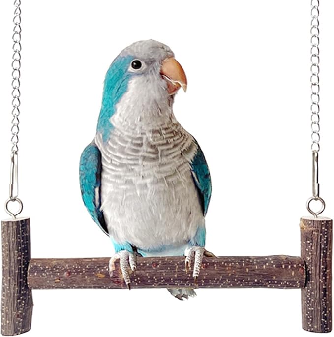 Natural Wood Parakeet Swing Toy, Cockatiel, Lovebird, Budgie Wooden Perch Stand, Small and Medium Bird Cage Accessories (Small)