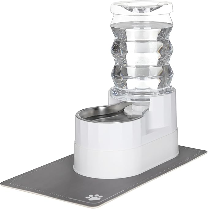 RIZZARI Pet Waterer Gravity Dispenser: White 7L Raised Bowl Feeder - Stainless Steel Anti-Leak Design - for Cats/Dogs Travel