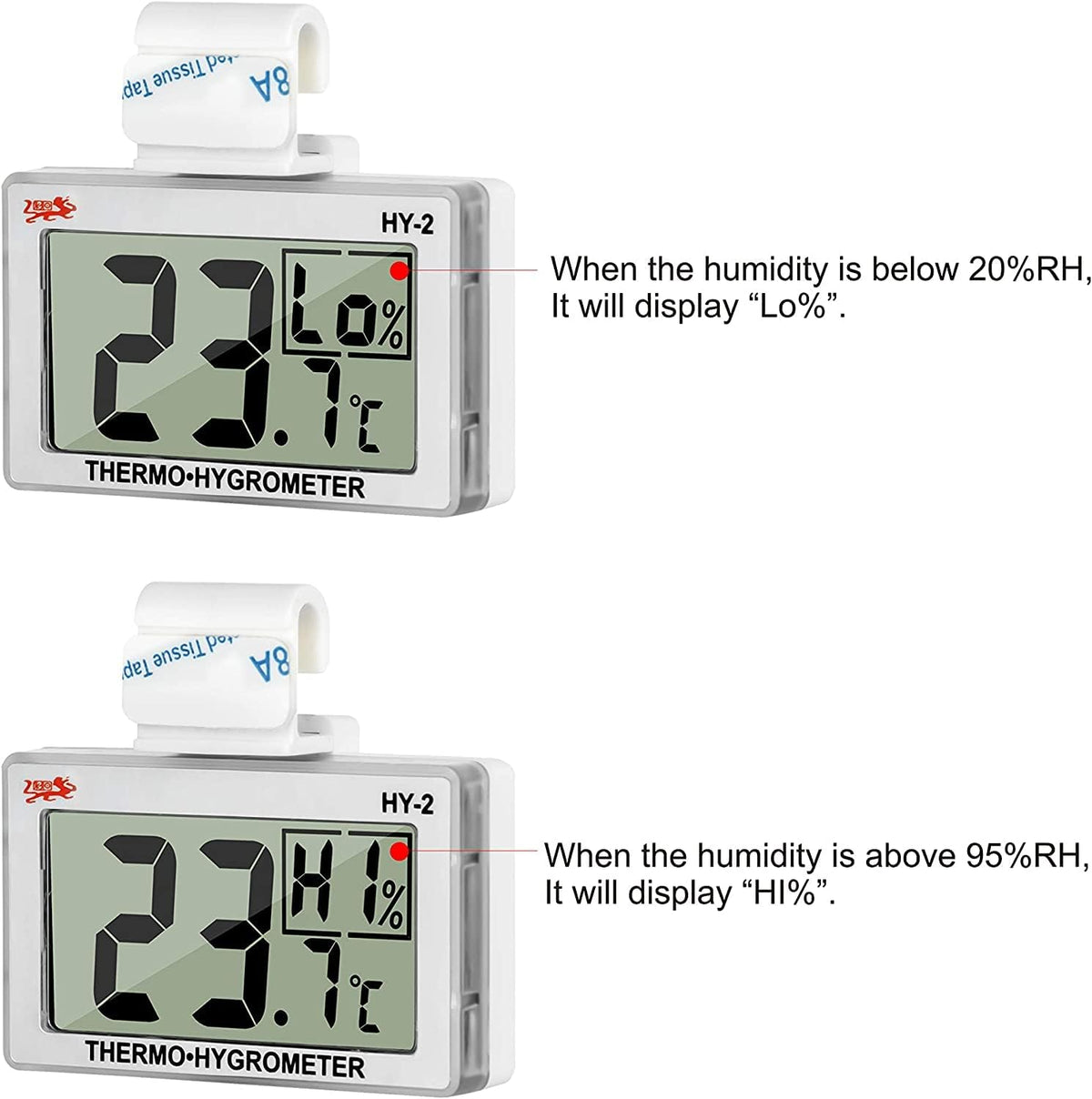 Digital Reptile Thermometer Hygrometer with Hook & Adhesive, LCD Display Temperature Humidity Gauge for Reptile Tanks, Terrariums, Bearded Dragon, Hermit Crab Accessories (-10℃~+50℃/20%-90% RH)