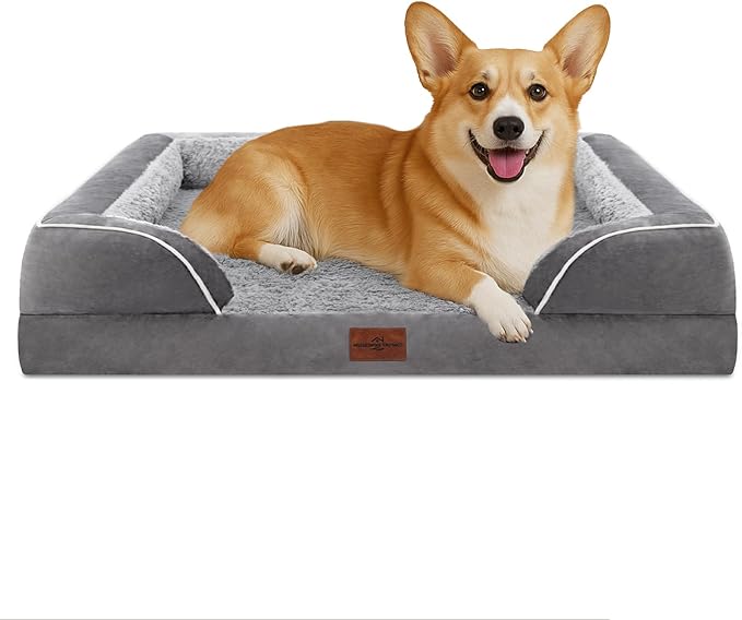 Comfort Expression Orthopedic Dog Bed for Large Dogs 35x22 Inch, Waterproof Supportive Egg Crate Foam Large Pet Bed with Removable Bolsters, Dog Couch with Washable Cover & Non-Slip Bottom, Grey