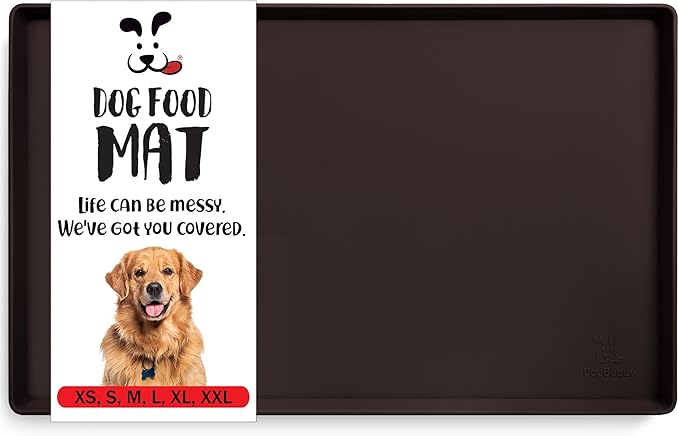 DogBuddy Dog Food Mat – Waterproof Dog Bowl Mat for Food and Water, Silicone Pet Feeding Mats for Floors, Non-Slip Placemat with High Edges for Dogs Bowls, Puppy Essentials (S: 19" x 12", Coffee)