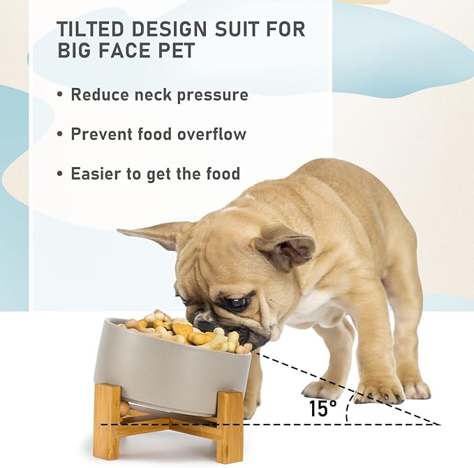SPUNKYJUNKY 15° Slanted Ceramic Dog and Cat Bowl with Wooden Stand, Tilted Bulldog Food and Water Bowl No Slip Non-Spill for Cats Medium Dogs Big Face Pets 28.7 OZ (3.6 Cups, Grey)