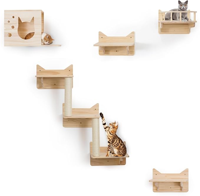 9-Piece Wall-Mounted Cat Shelves Set, House, Lookout Tower, 2 Sisal Scratching Posts, 5-Step Cat Wall Ladder, Pine Furniture, Extra-Wide & Long for Large Cats, Space-Saving Indoor Shelves
