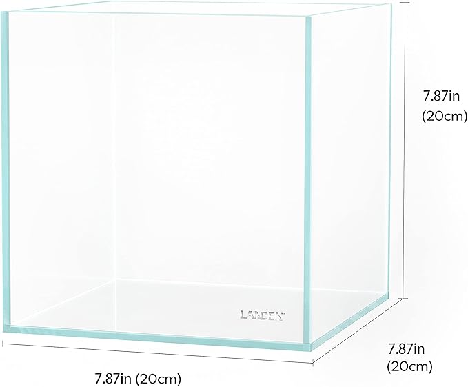 LANDEN 20C 2 Gallon Cube Rimless Low Iron Clear Aquarium Tank, All Glass Aquarium,Small Betta Fish Tank,W7.8×D7.8×H7.8 in(20x20x20cm) 5mm Thickness with Nano Foam Leveling Mat