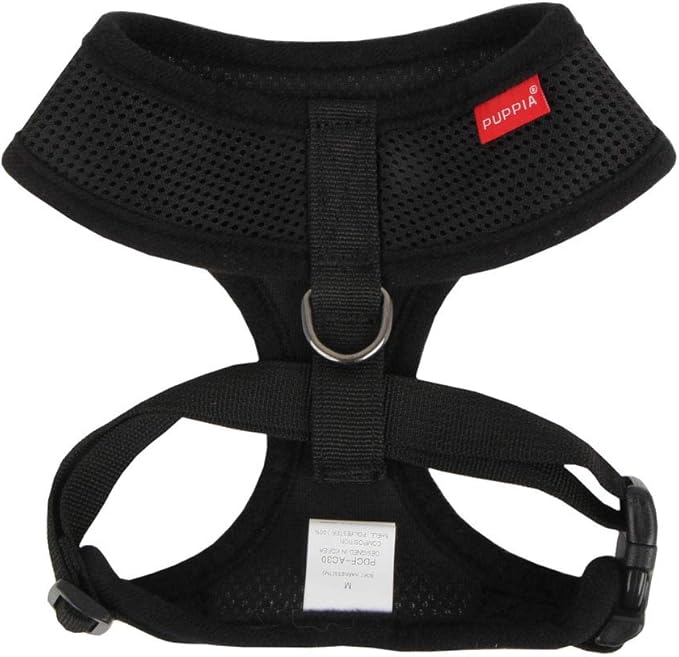 Puppia Soft Dog Harness No Choke Over-The-Head Triple Layered Breathable Mesh Adjustable Chest Belt and Quick-Release Buckle, Black, X-Small