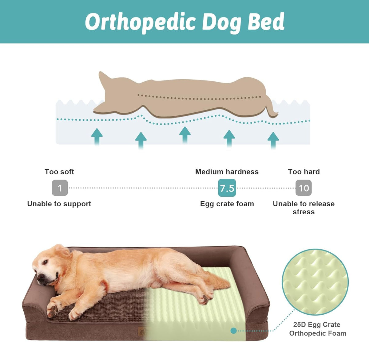 Orthopedic Dog Bed for Extra Large Dog, XL Pet Couch for XLarge Dog, Supportive Foam Bolster Sofa with Waterproof Lining Cover, Anti-Slip, Comfort, Washable, 42x30x7.5 in, U Shape, Brown