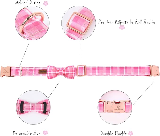 Lionheart glory Pink Plaid Dog Collar, Adjustable Dog Collar with Bowtie, Pet Gift Girl Collar for Dog Soft Bowtie Dog Collars for Small Dogs