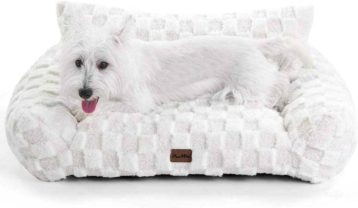 Made4Pets Cat and Dog Couch Bed, Soft Faux Fur Checkered Pet Sofa, Cozy Fluffy Pet Sofa with Supportive Foam, Removable Washable Cover with Non-Slip Base, White, Medium
